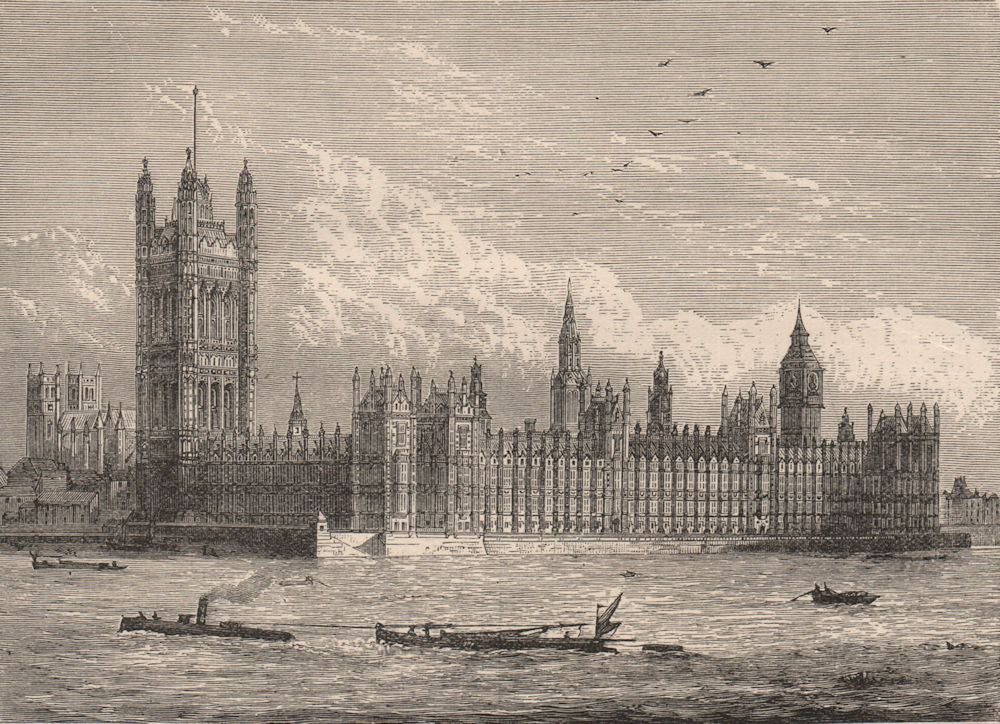 LONDON. The Houses of Parliament and Westminster Abbey, from the Thames 1882